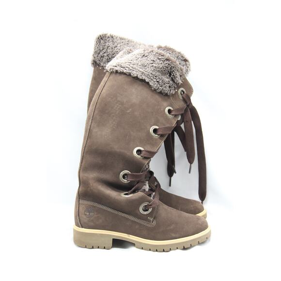 Timberland Knee High Boots Womens Size 7 Brown Suede Fur Lace Up Tall Winter - Picture 3 of 7